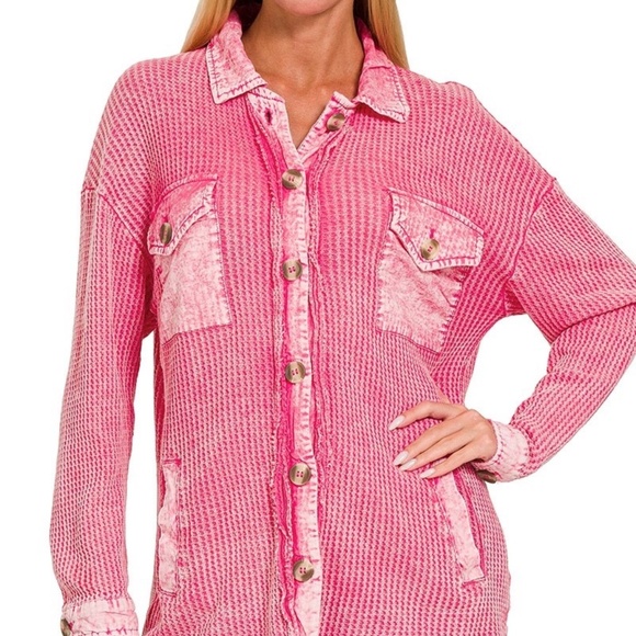 Zenana Mixed Media Acid Wash Burnt Pink Cotton Shacket Textured Button Up New - Picture 1 of 9